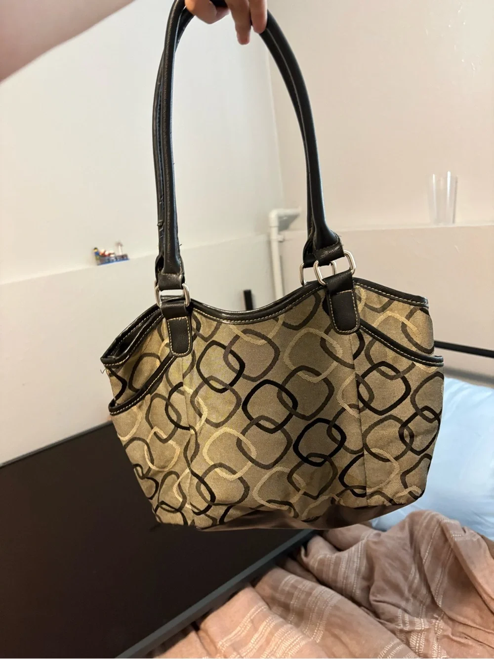 Classic Neutral Patterned Tote Bag with Dark Trim